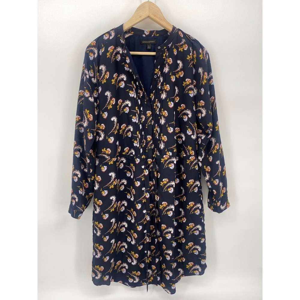 Banana Republic Blouse Womens Small Navy Blue Excellent Floral Feather Button Up